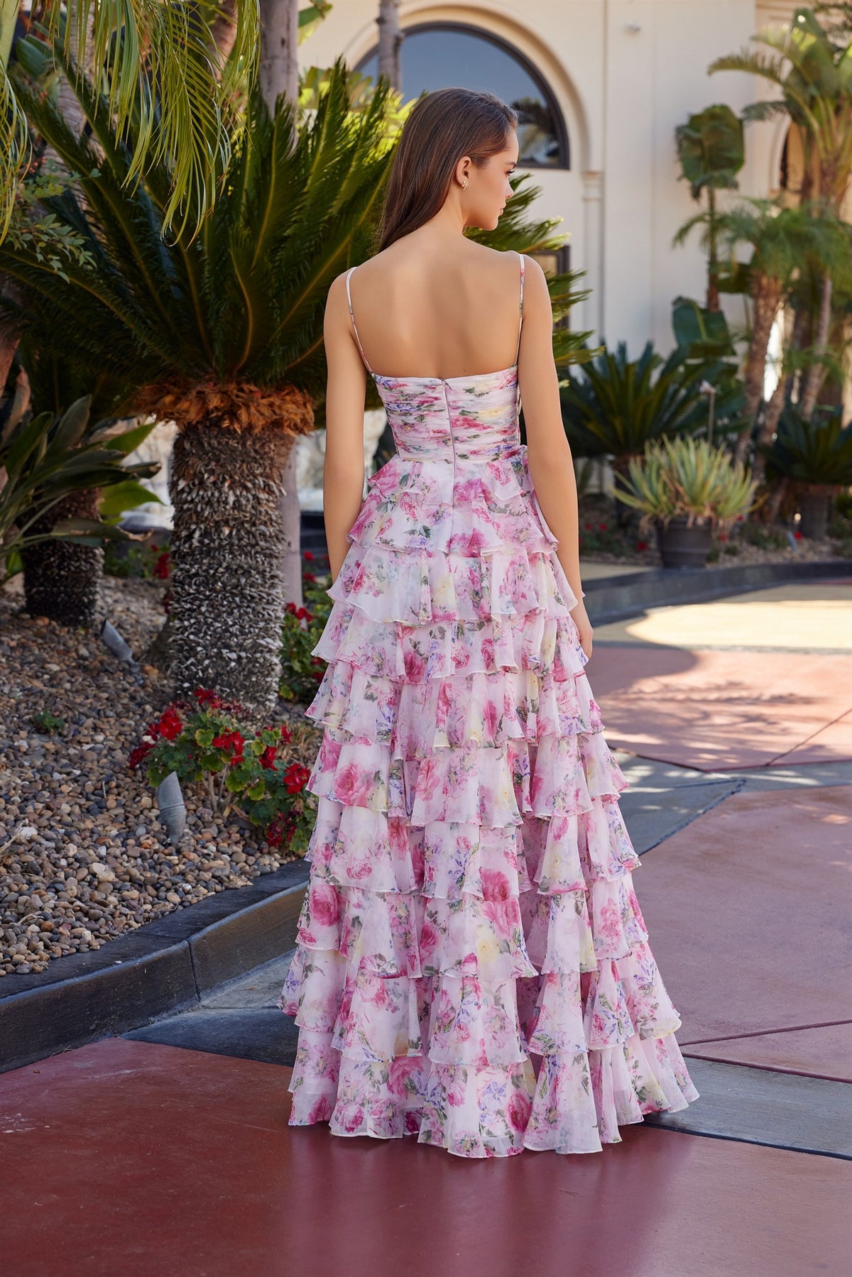 Nox Anabel Camilla Tiered Gown with floral print, A-line silhouette, straight across pleated bustline, elegant evening dress