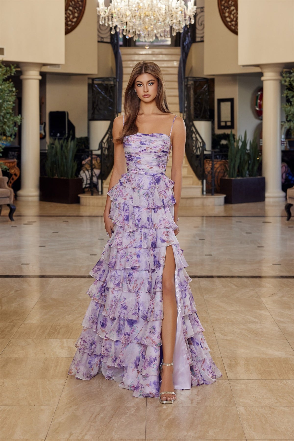 Nox Anabel Camilla Tiered Gown with floral print, A-line dress featuring a straight across pleated bustline.