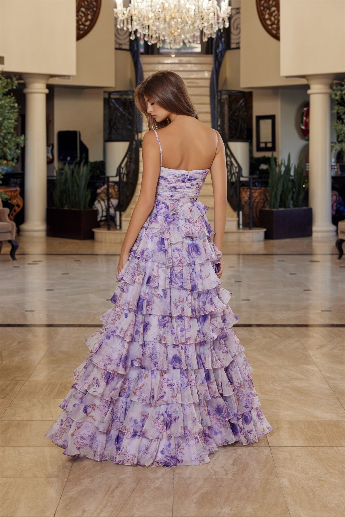 Nox Anabel Camilla tiered gown with floral print, A-line silhouette, straight pleated bustline, elegant evening dress.