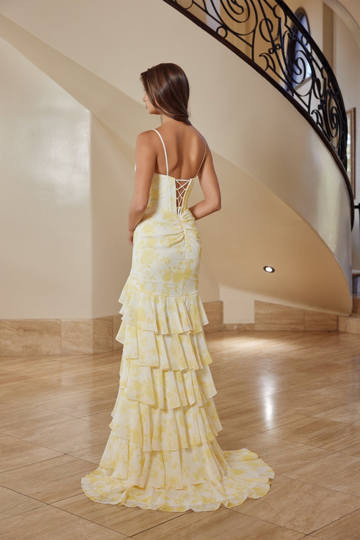 Long-fit and flare chiffon formal gown by Nox Anabel with thin straps, elegant design for special occasions.