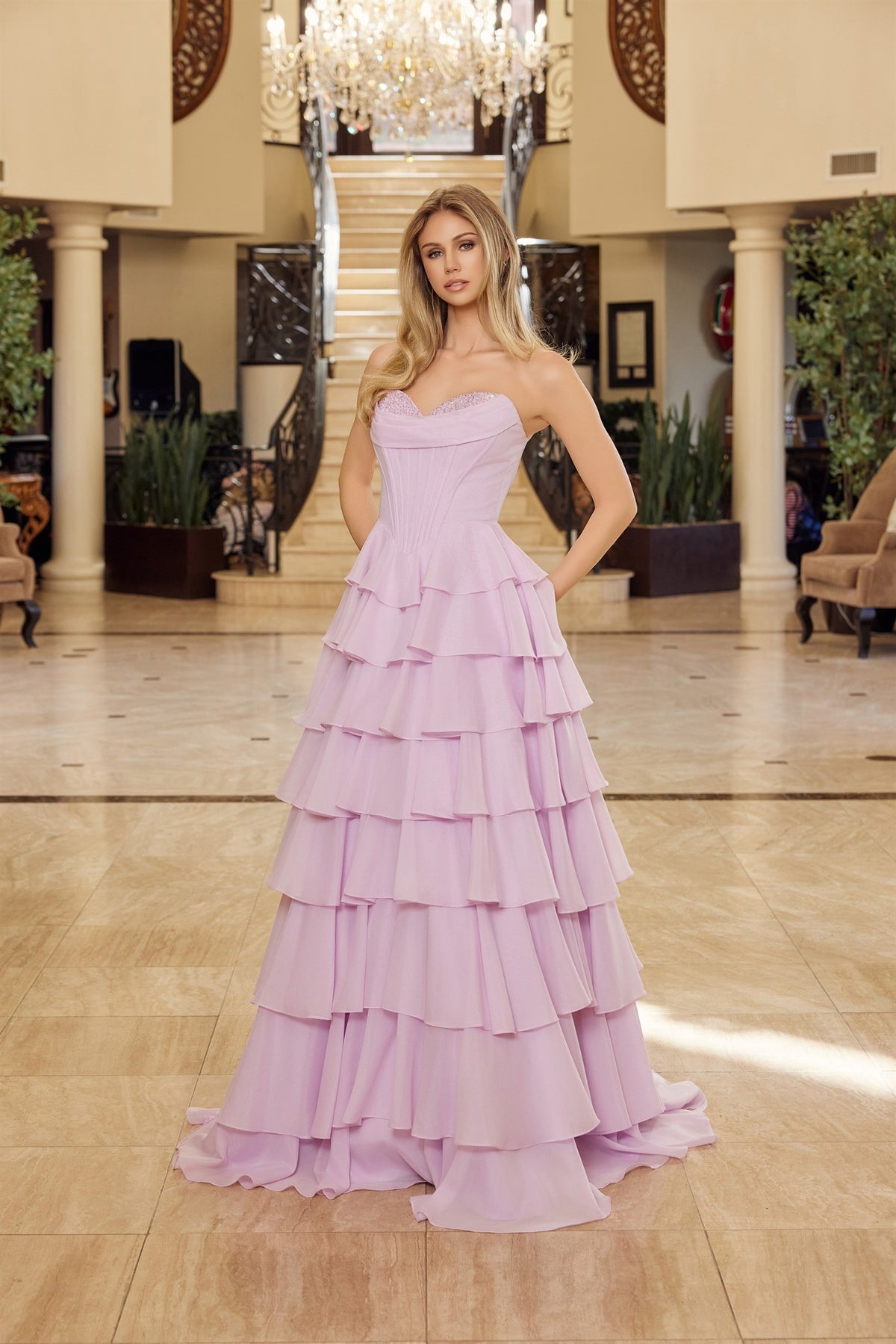 Nox Anabel Audra formal gown with multilayered design, sequined bustline, elegant long dress for special occasions.
