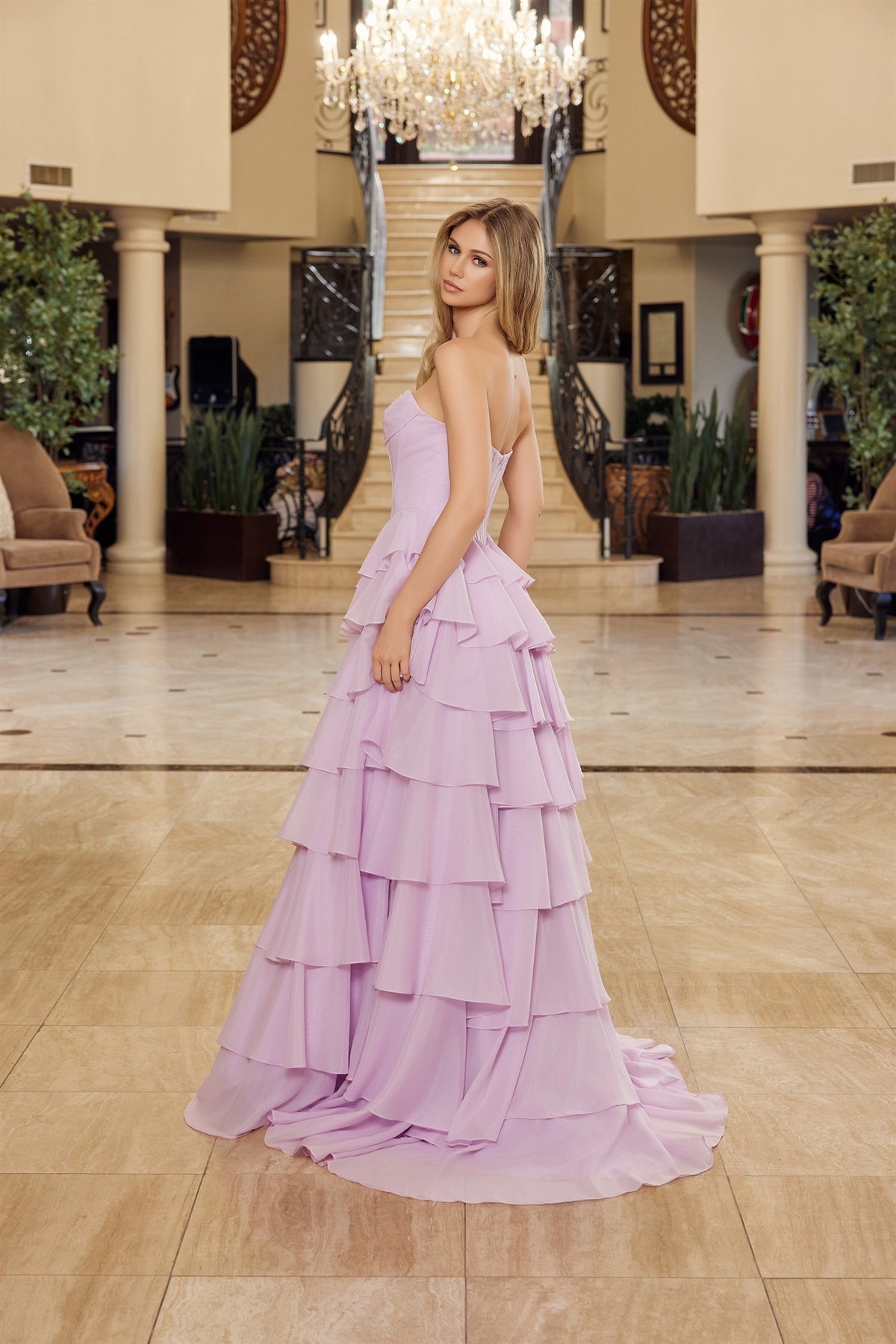 Nox Anabel Audra formal gown with a multilayered long ball dress featuring a sequined bustline and elegant design.