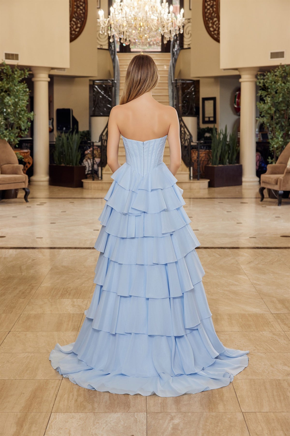Multilayered long formal gown by Nox Anabel with sequined bustline, elegant design suitable for formal events.