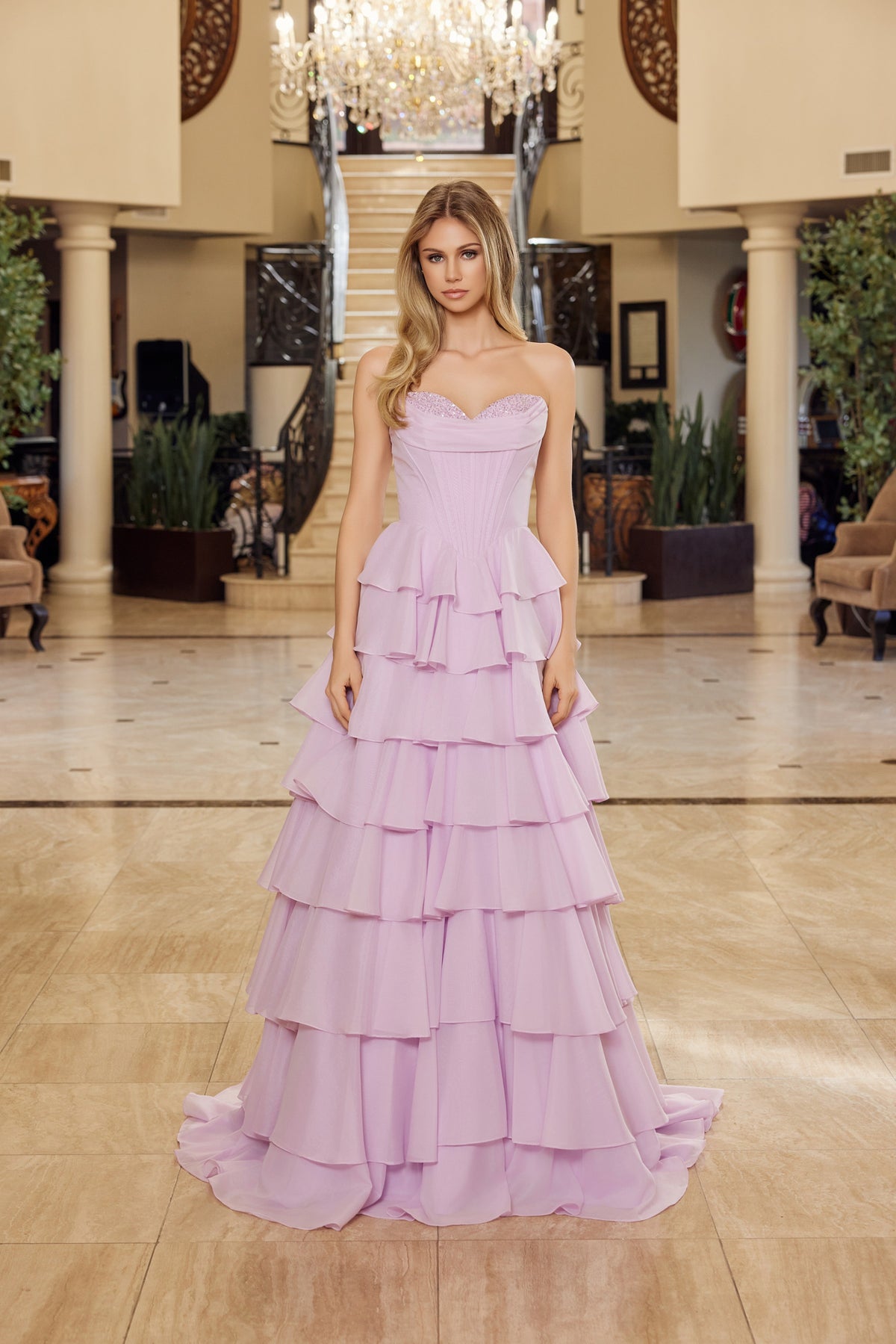 Multilayered long formal gown by Nox Anabel with sequined bustline, elegant evening dress for special occasions.
