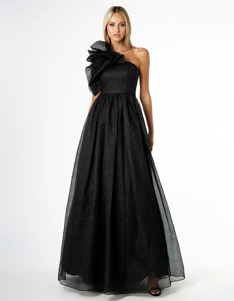 Corena One Shoulder Ruffle Ball Gown - Honey Fawn Boutique