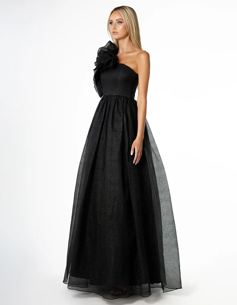 Corena One Shoulder Ruffle Ball Gown - Honey Fawn Boutique