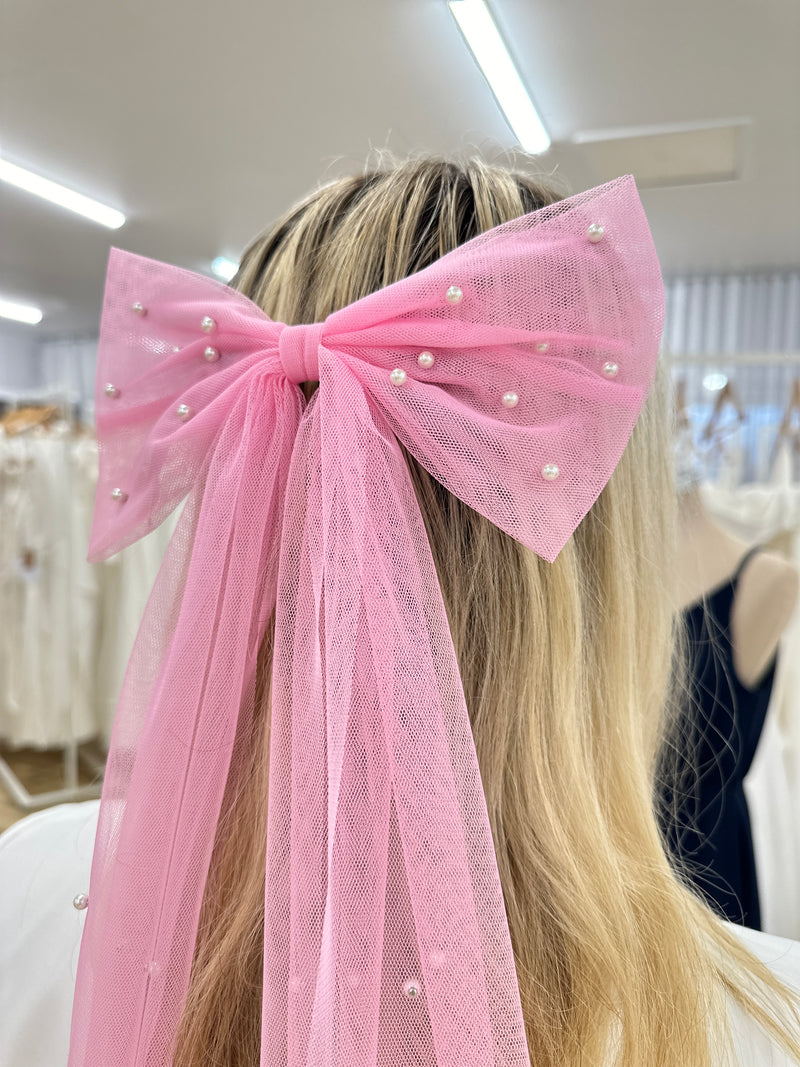 Pink Tulle And Pearl Bow Hair Clip - Honey Fawn Boutique