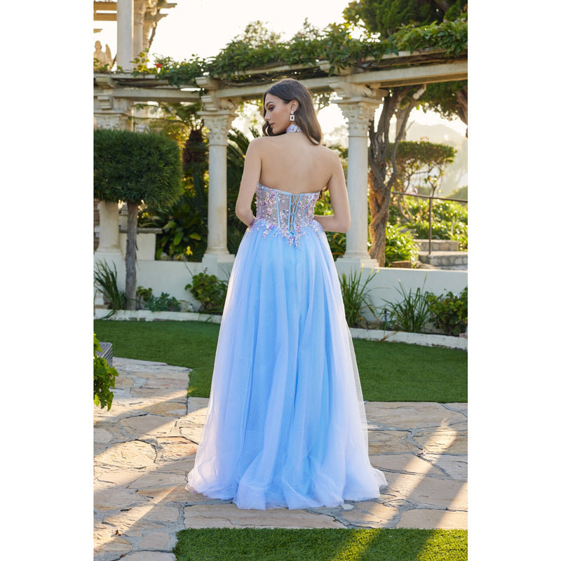 Juliet Lauren floral gown with matching choker, elegant dress featuring a vibrant floral pattern and stylish accessories.