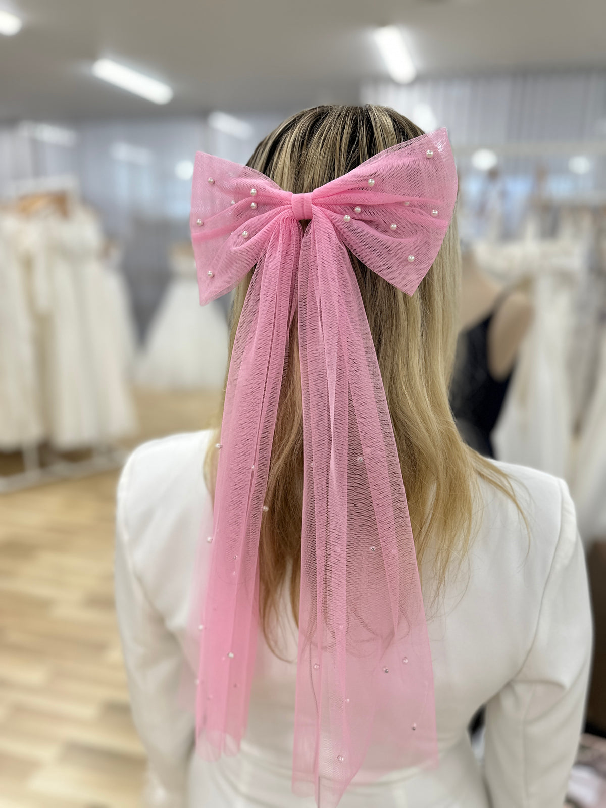 Pink Tulle And Pearl Bow Hair Clip - Honey Fawn Boutique