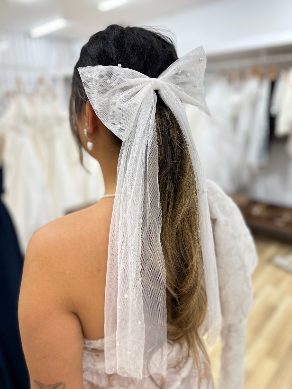 White Tulle And Pearl Bow Hair Clip