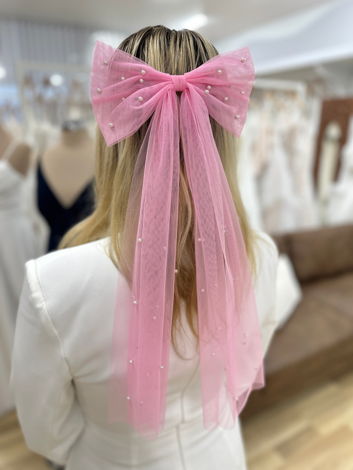 Pink Tulle And Pearl Bow Hair Clip - Honey Fawn Boutique