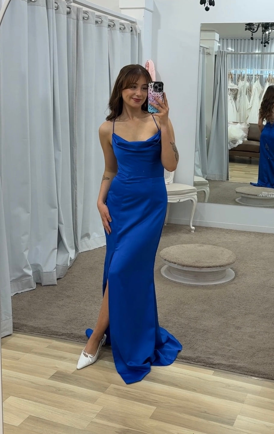 Stephanie Cowl Draped Satin Gown Cobalt - Dress - Bariano