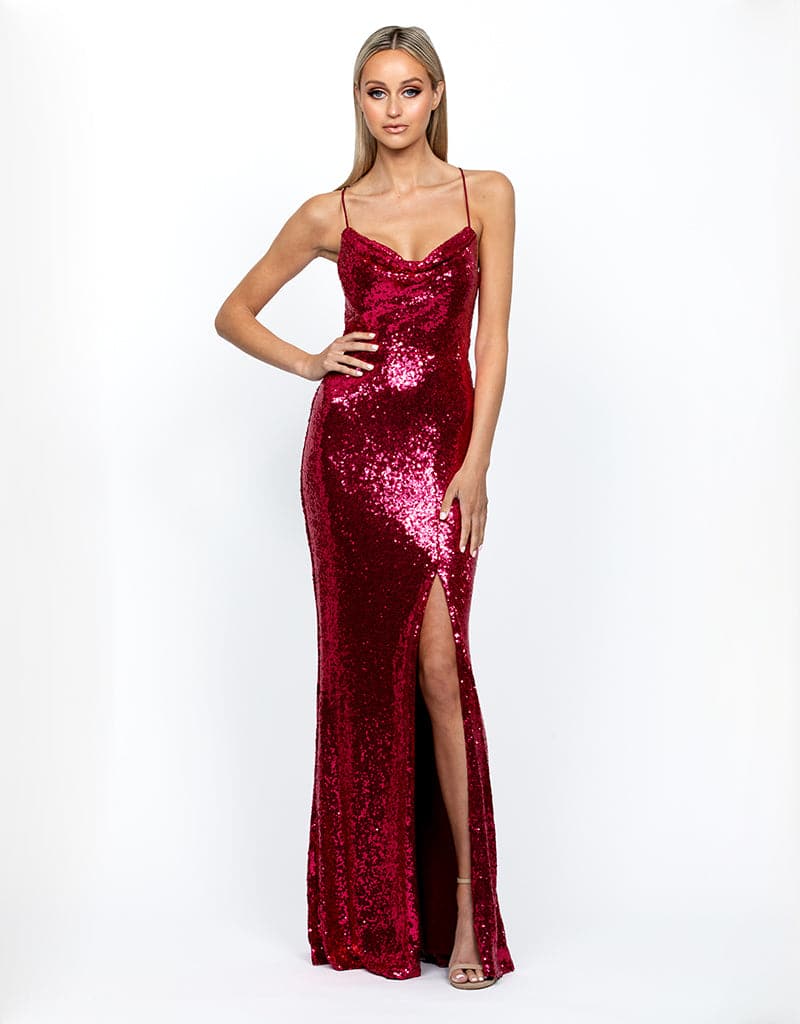 Stephanie Draped Cowl Sequin Gown