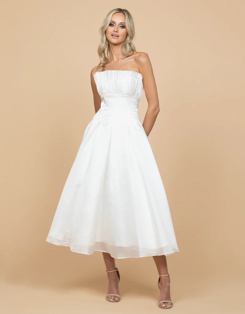 Farra Strapless Ruffle A-line - Honey Fawn Boutique