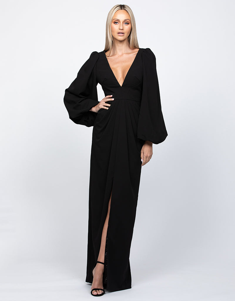 Candance Blouson Sleeve Plunge Gown Black - Dress - Bariano