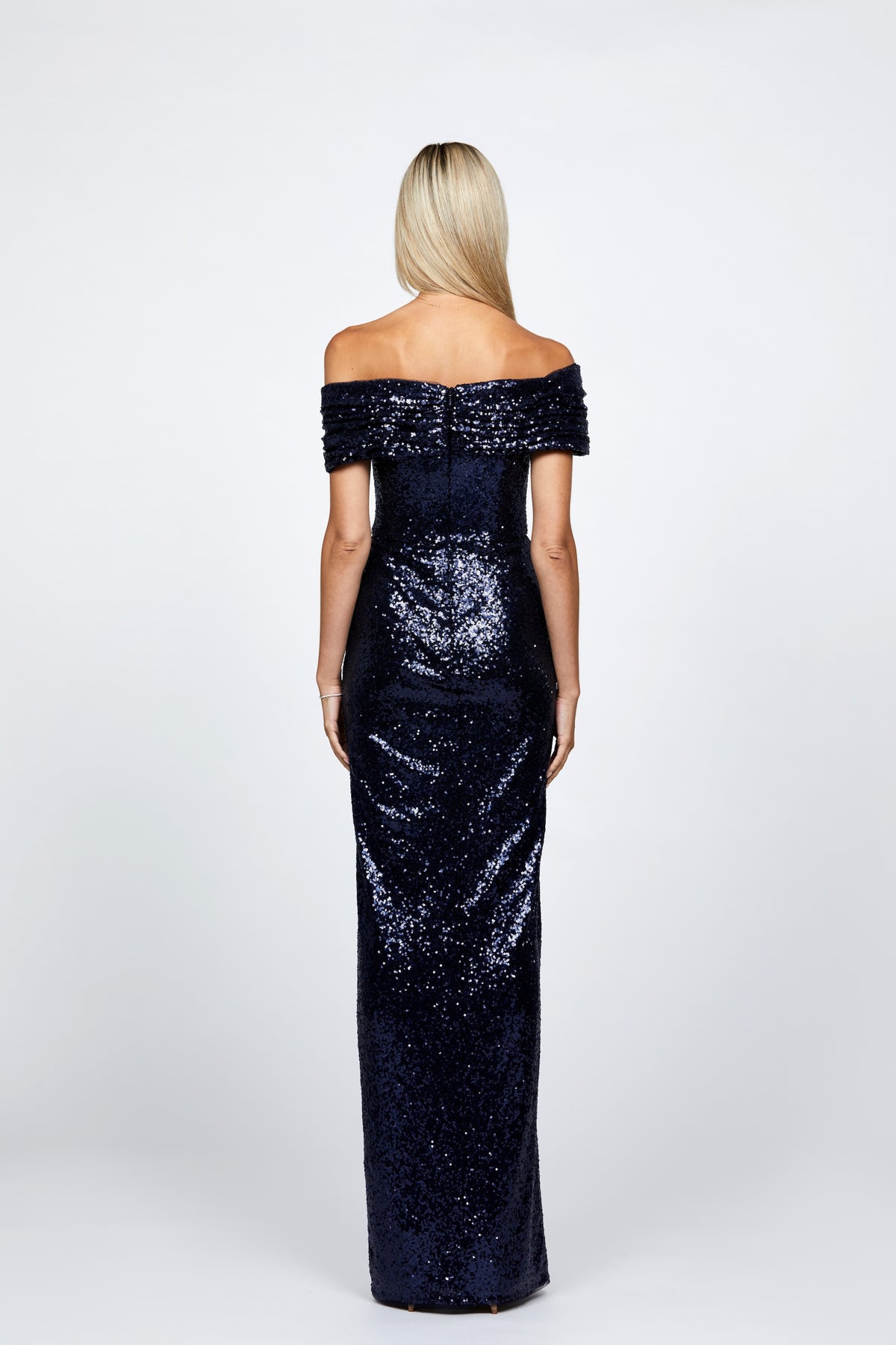 Evanie Draped Off Shoulder Sequin Gown - Honey Fawn Boutique