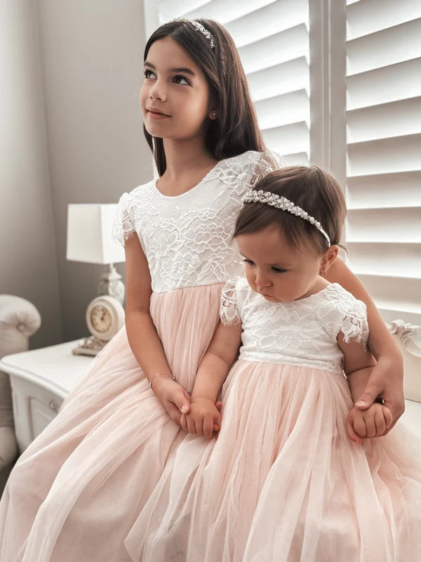 Celeste Girls White & Peach Lace & Tulle Dress - Flower Girl Dress - A Little Lacey