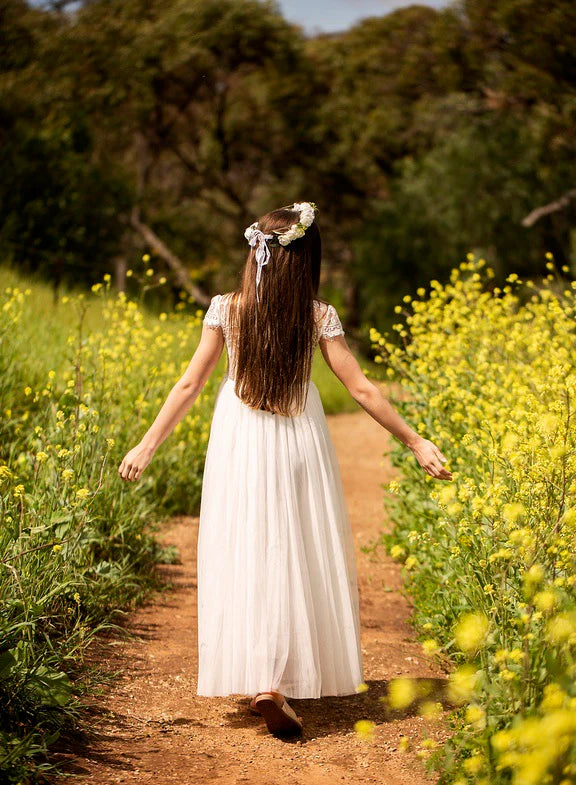 Celeste Girls White Lace & Tulle Dress - Flower Girl Dress - A Little Lacey