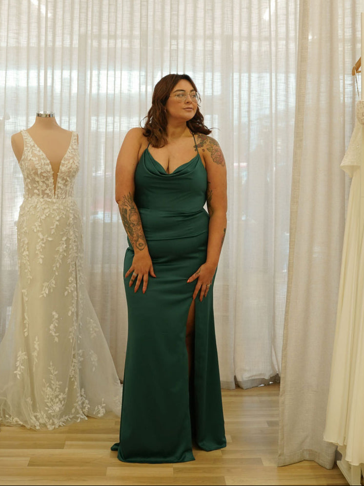 Stephanie Cowl Draped Satin Gown Emerald - Dress - Bariano