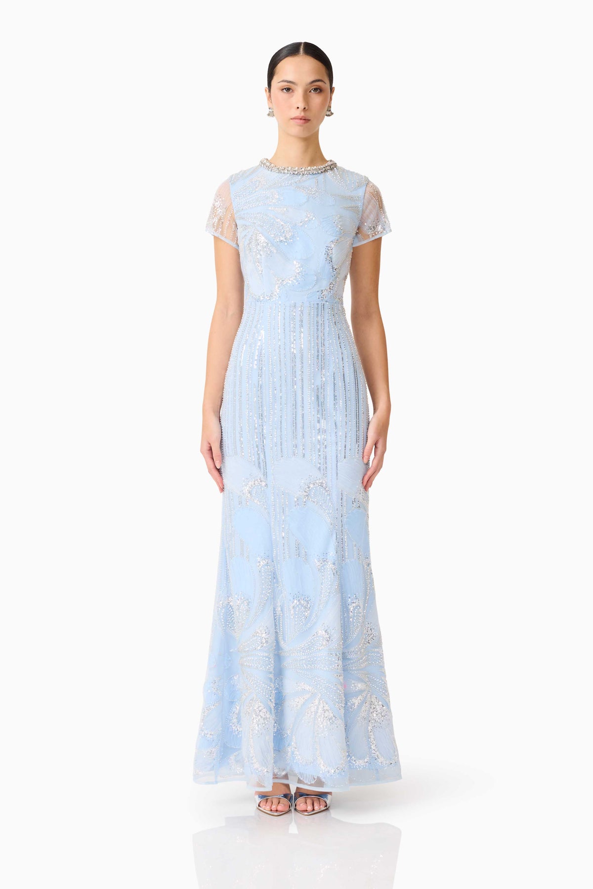 Blue Elliatt Anabelle cap sleeve gown dress with fitted bodice and flowing skirt, elegant formal evening wear.