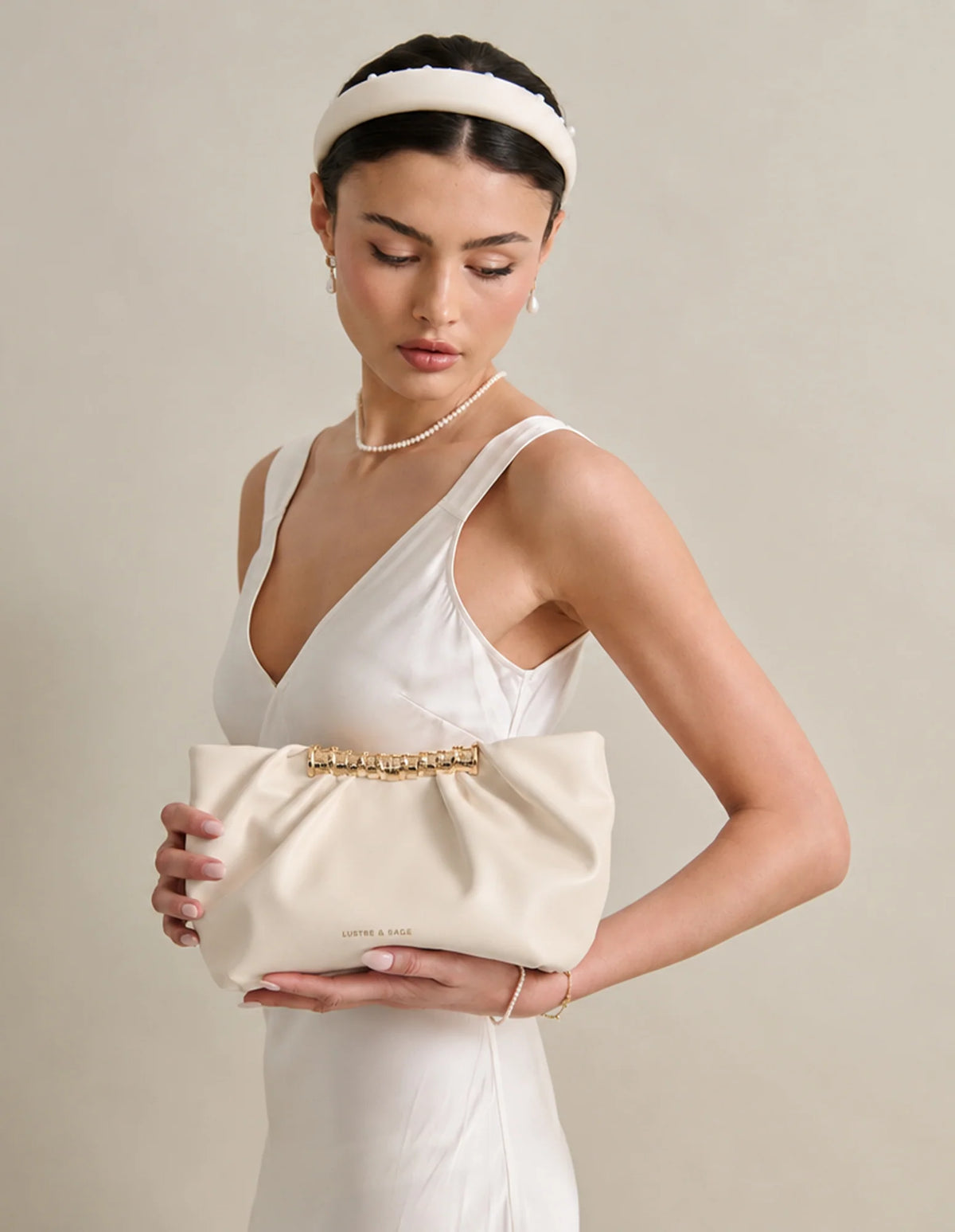 Aura Gathered Clutch Bag in Cream - Accessory - Lustre and Sage