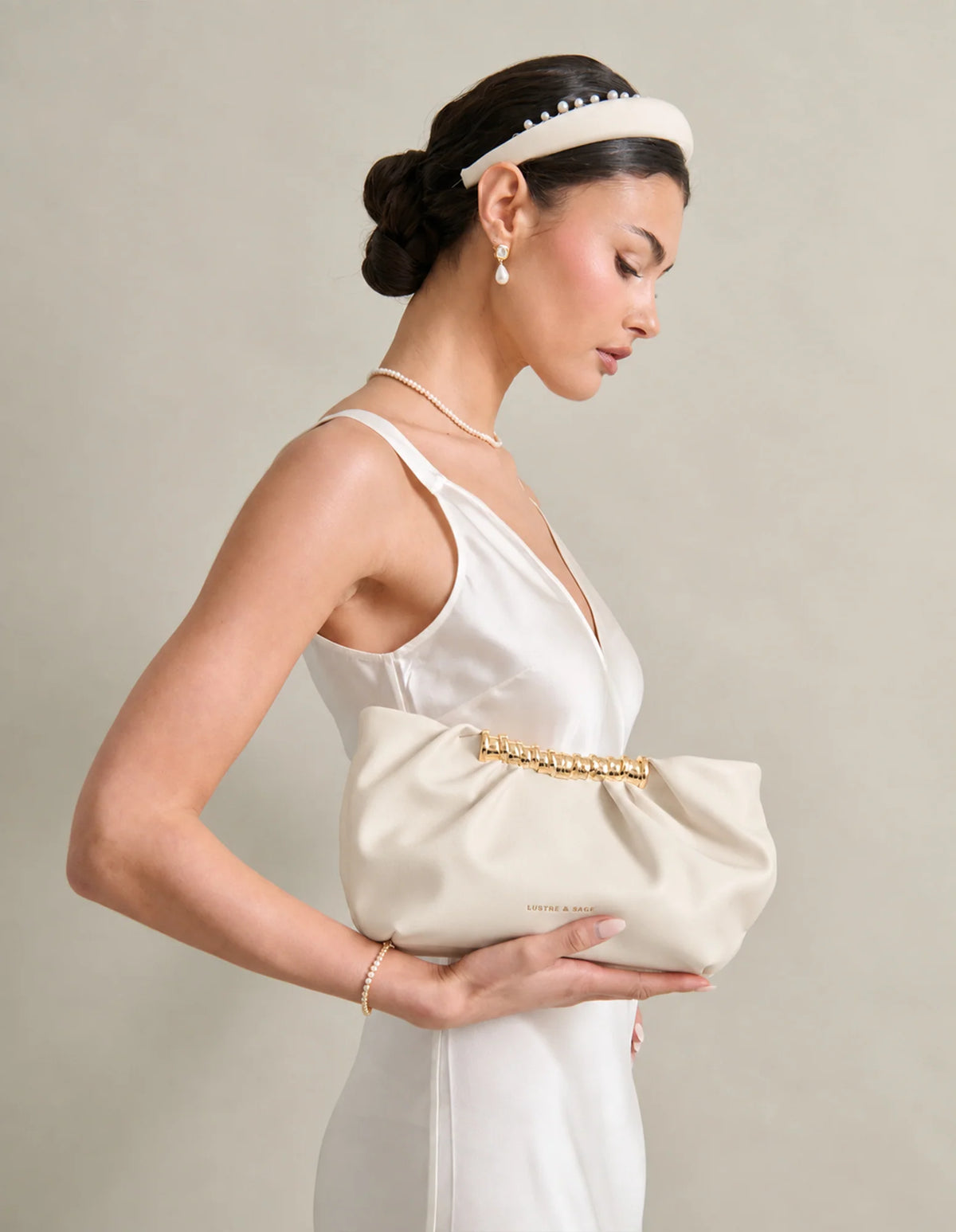 Aura Gathered Clutch Bag in Cream - Accessory - Lustre and Sage