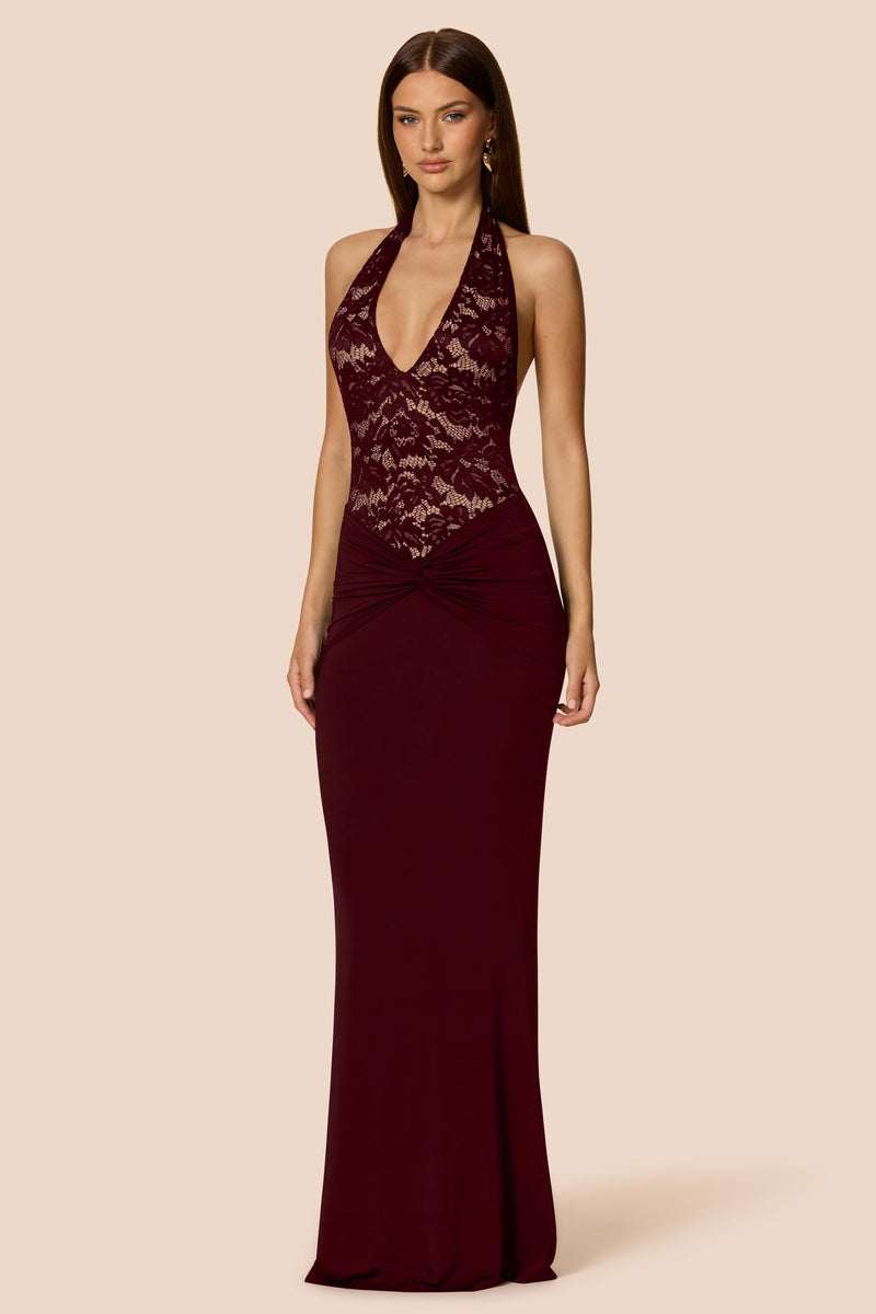 Nookie Lennox halter gown in wine color, elegant formal dress with a fitted bodice and flowing skirt, perfect for special occasions.