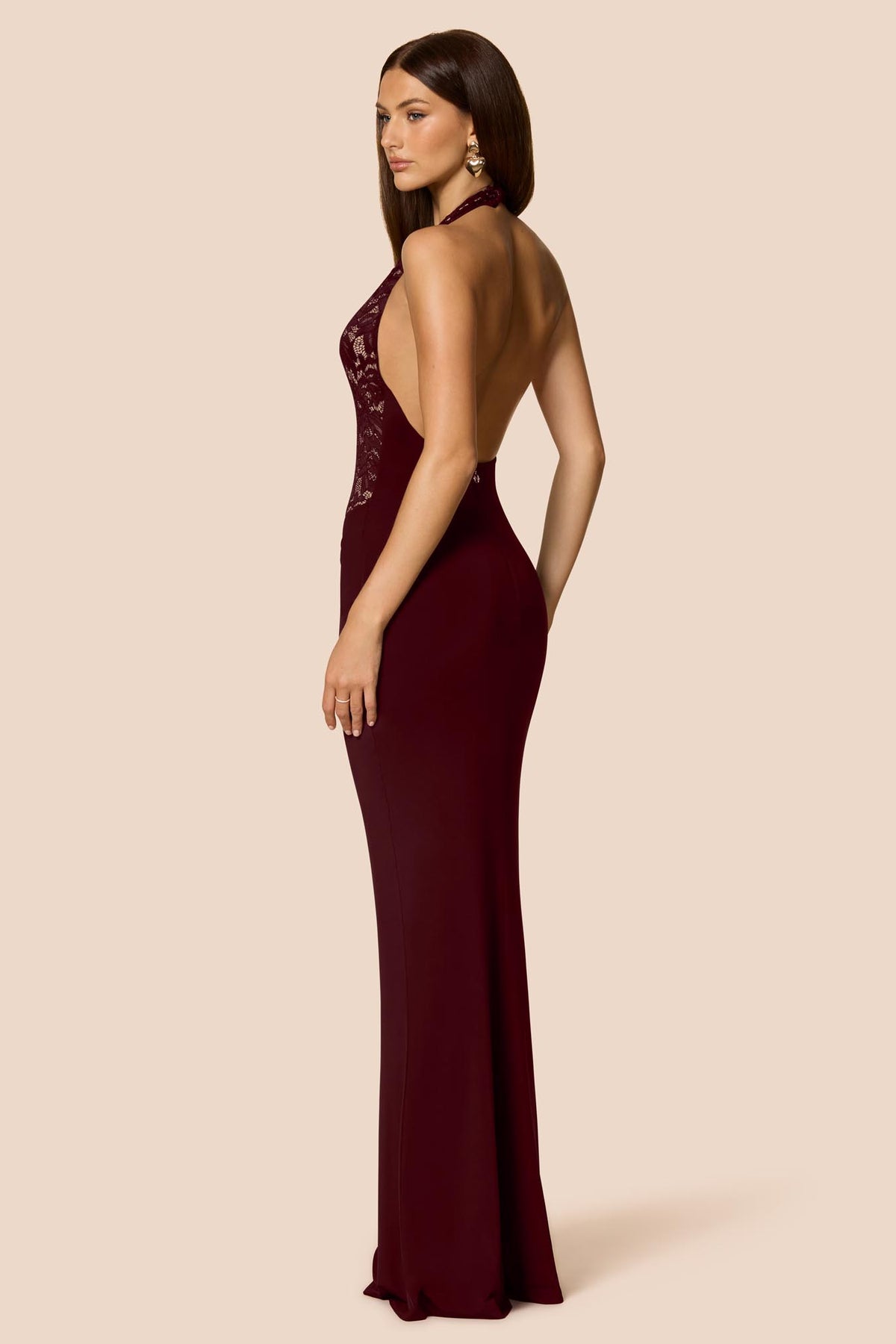 Nookie Lennox Halter Gown in wine color, elegant dress with halter neckline, showcased on a mannequin.