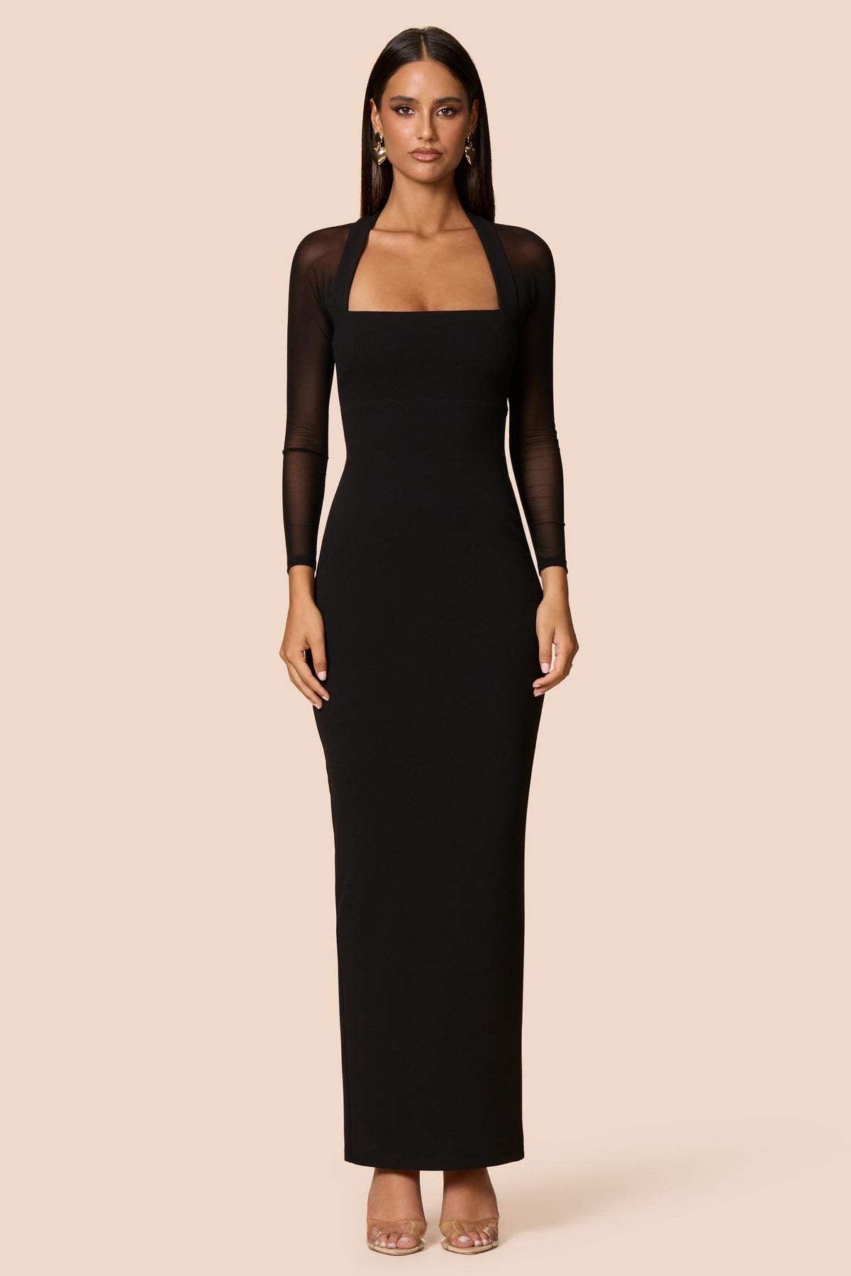 Nookie Amore Mesh Maxi Dress in black, featuring a flowing design and sheer mesh fabric, perfect for elegant evening wear.