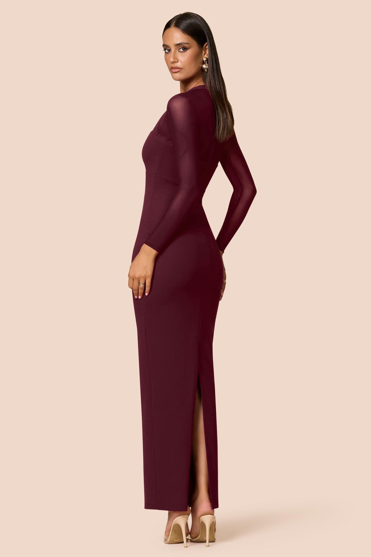 Nookie Amore Mesh Maxi Dress in wine color, featuring a flowing design and sheer mesh fabric, perfect for elegant occasions.