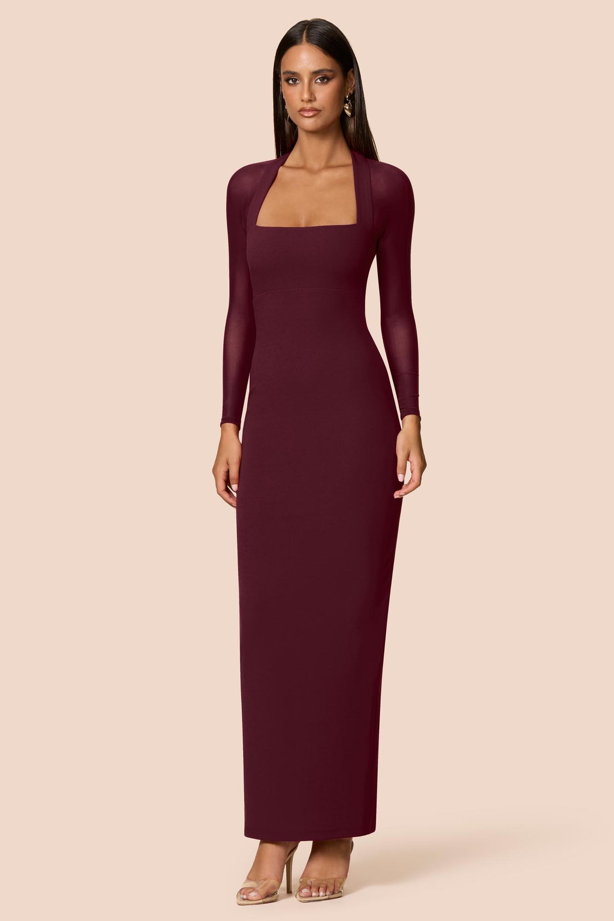 Nookie Amore Mesh Maxi Wine Dress with flowing silhouette and sheer mesh fabric, perfect for elegant evening wear.