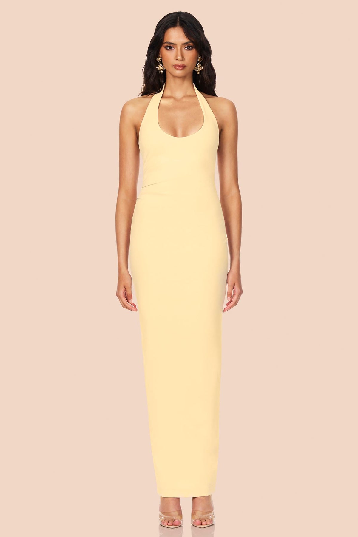 Nookie Natalia Halter Maxi Lemon Dress featuring a vibrant yellow color, halter neckline, and flowing maxi length.