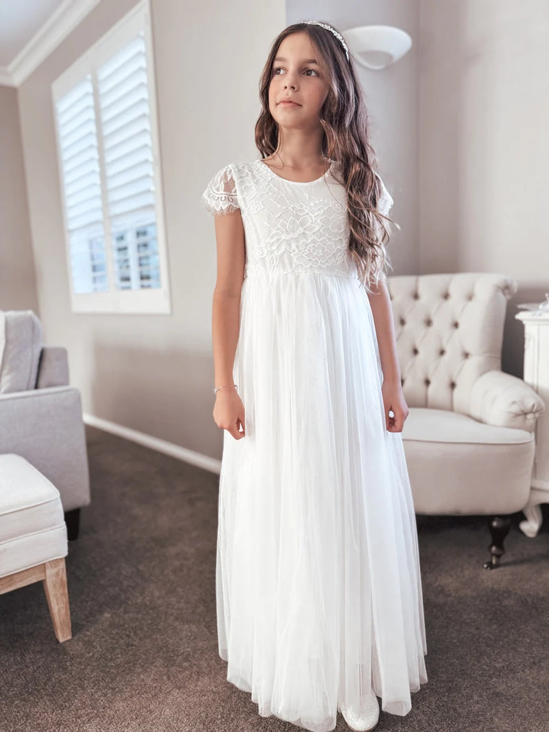 Celeste Girls White Lace & Tulle Dress - Flower Girl Dress - A Little Lacey