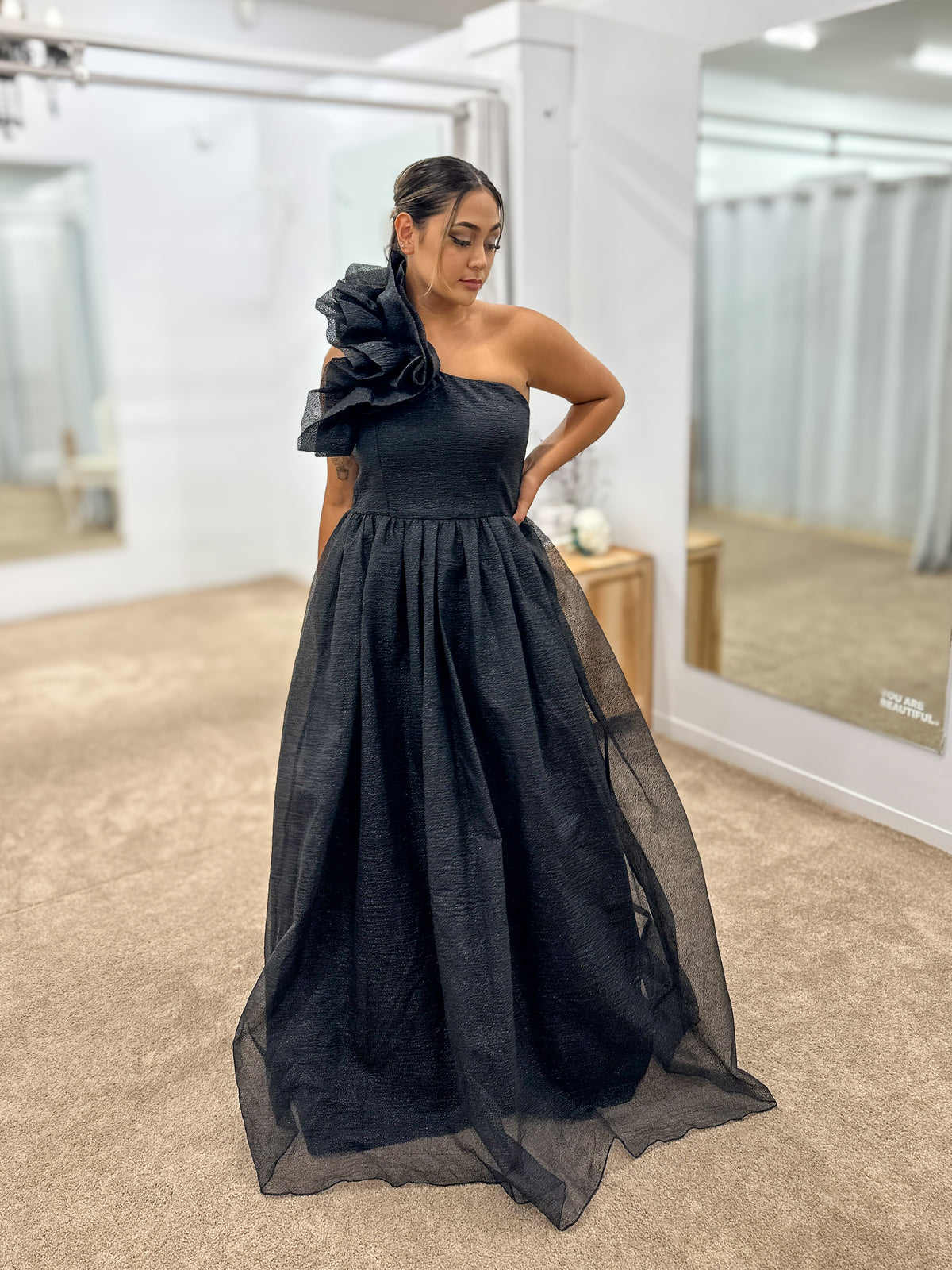 Corena One Shoulder Ruffle Ball Gown 6 Black - Dress - Bariano