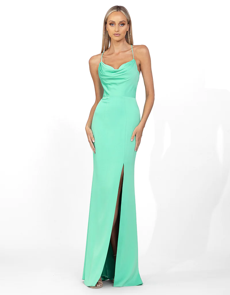 Valentine Cowl Neck Strappy Back Gown 6 Green - Dress - Bariano