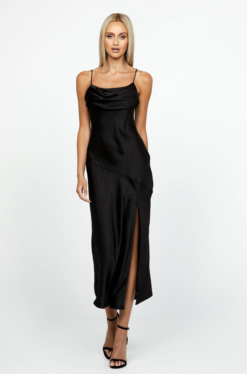 Peita Satin Cowl Neck Midi Black - Dress - Bariano