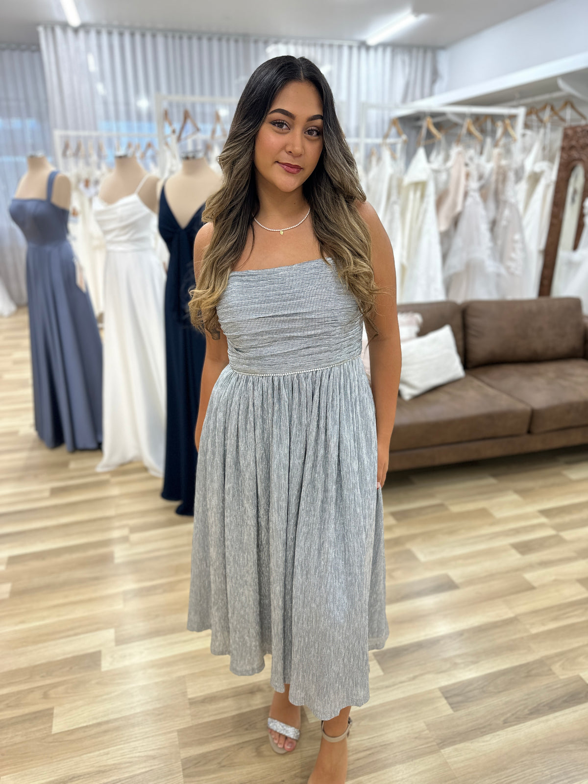 Shayla Metallic Diamanté Midi Silver - Dress - Bariano