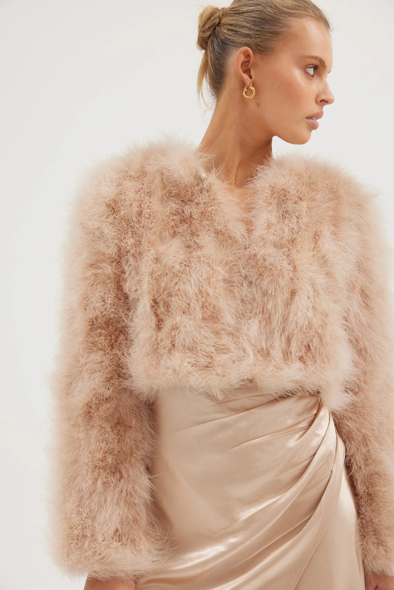 Champagne Manhattan Crop Jacket by Bubish, stylish accessory with a cropped fit and elegant design, shown in the image.