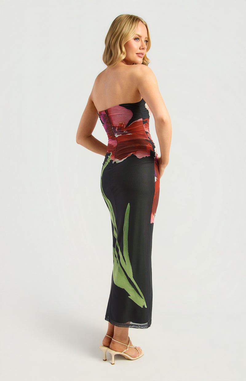 Floral Strapless Mesh Midi Dress Black - Dress - Style State
