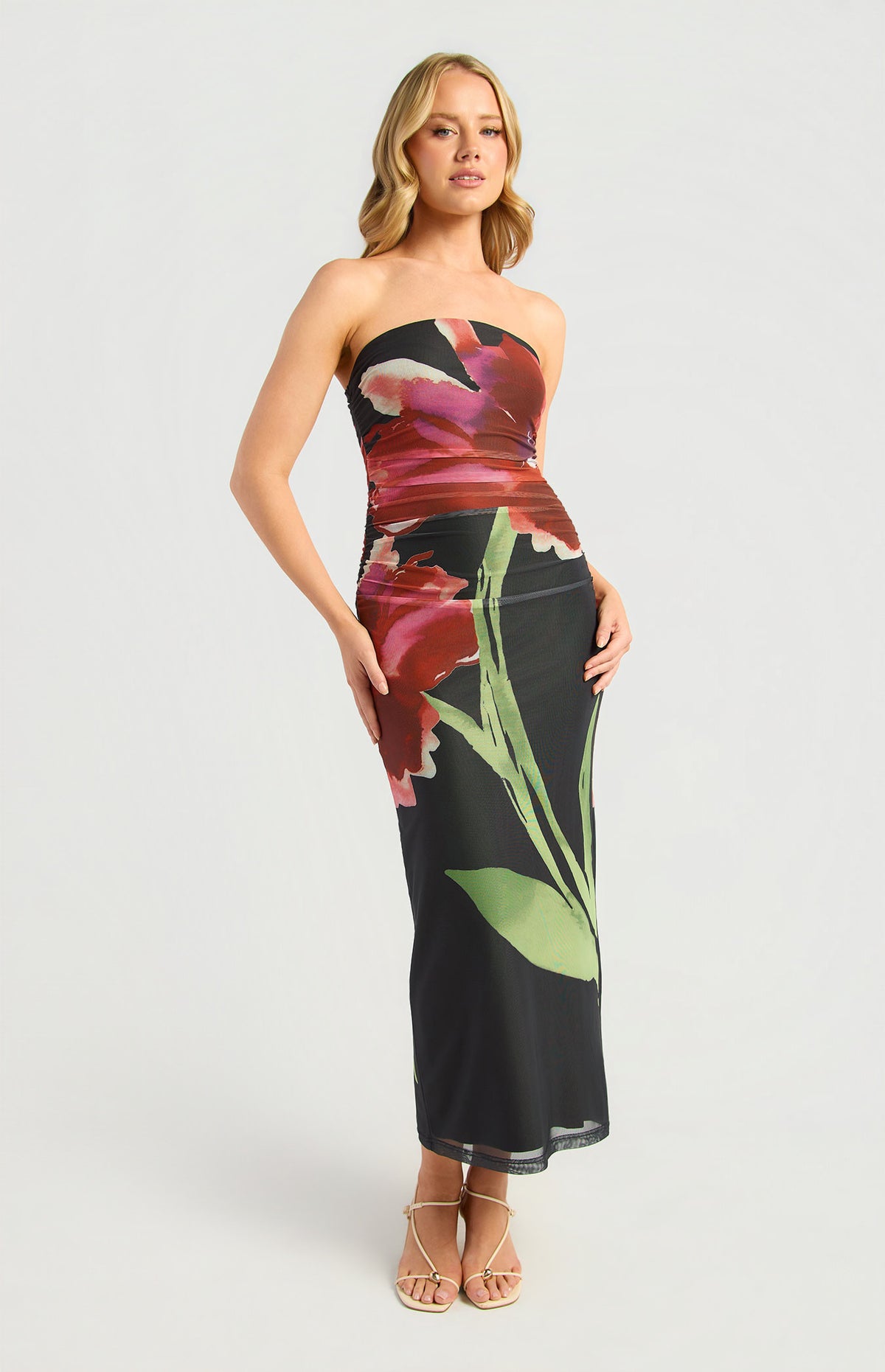 Floral Strapless Mesh Midi Dress Black - Dress - Style State