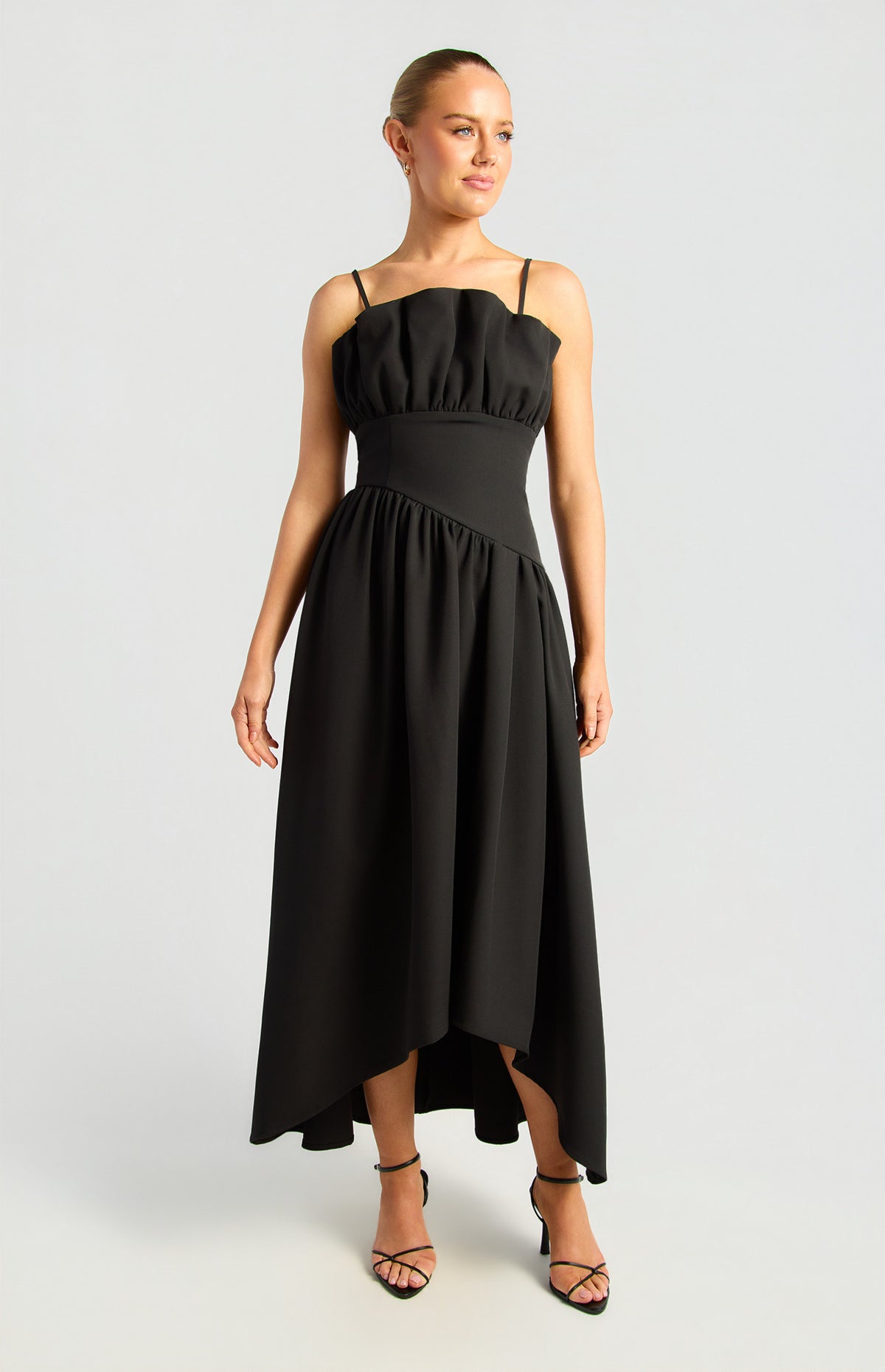Ruffle Asymmetrical A-Line Midi Dress Black - Dress - Style State